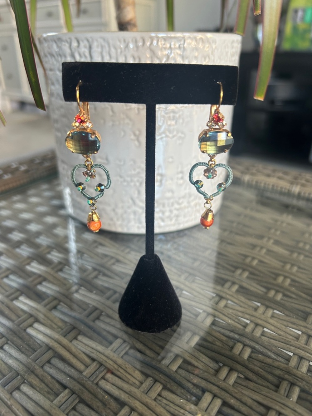 Gold-Tone Heart Drop Earrings with Green and Orange Accents